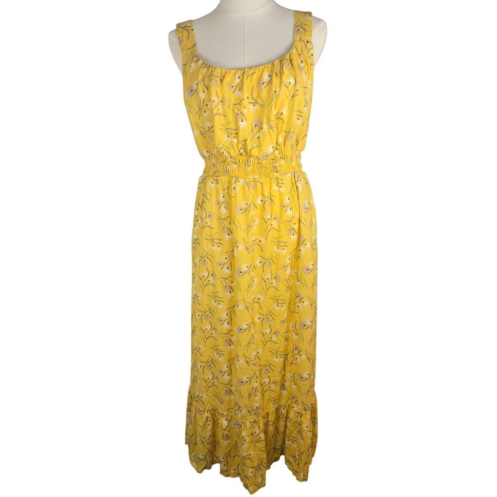DIP Yellow Floral Maxi Dress XL Smocked‎ Waist Sleeveless Pockets Boho